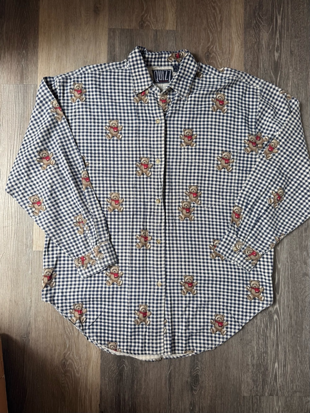 Vintage Navy Check Long-Sleeve Button-Up Shirt with Teddy Bears Original Tags